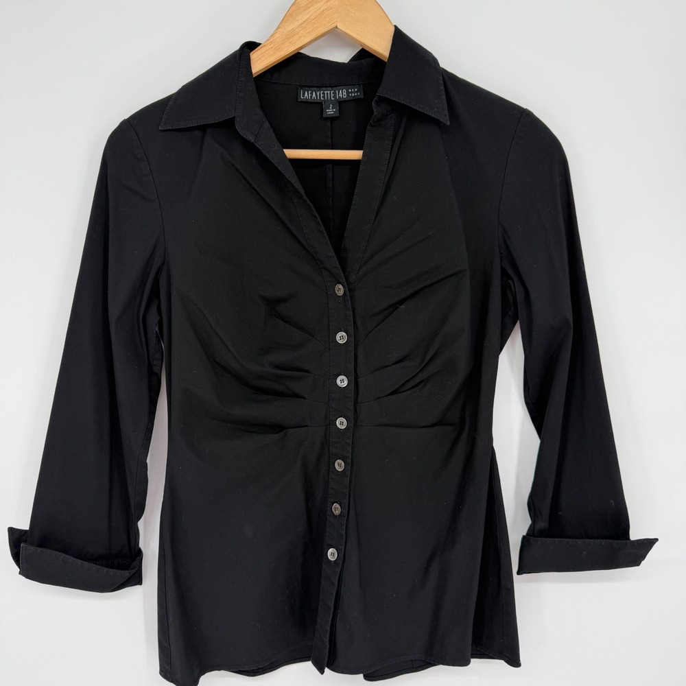 Lafayette 148 Shirt Black Ruched Front Button Down Quiet Luxury Old Money 2